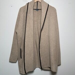 Vince Women Yak Wool Cardigan Medium Beige Leather Trim Open Front‎ Lagenlook